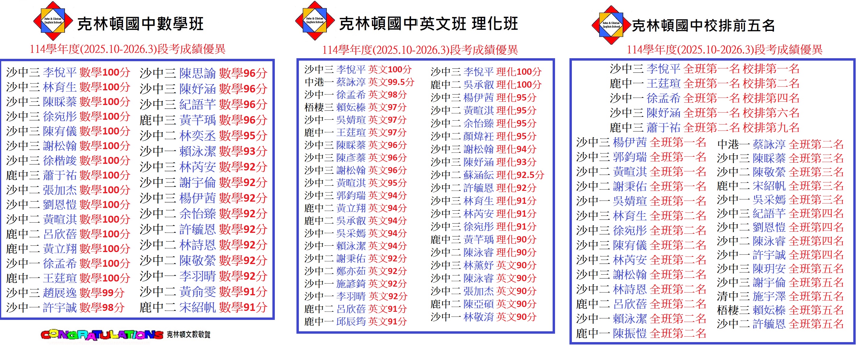 114學年度2025.10 2026.3 國中段考優異成績