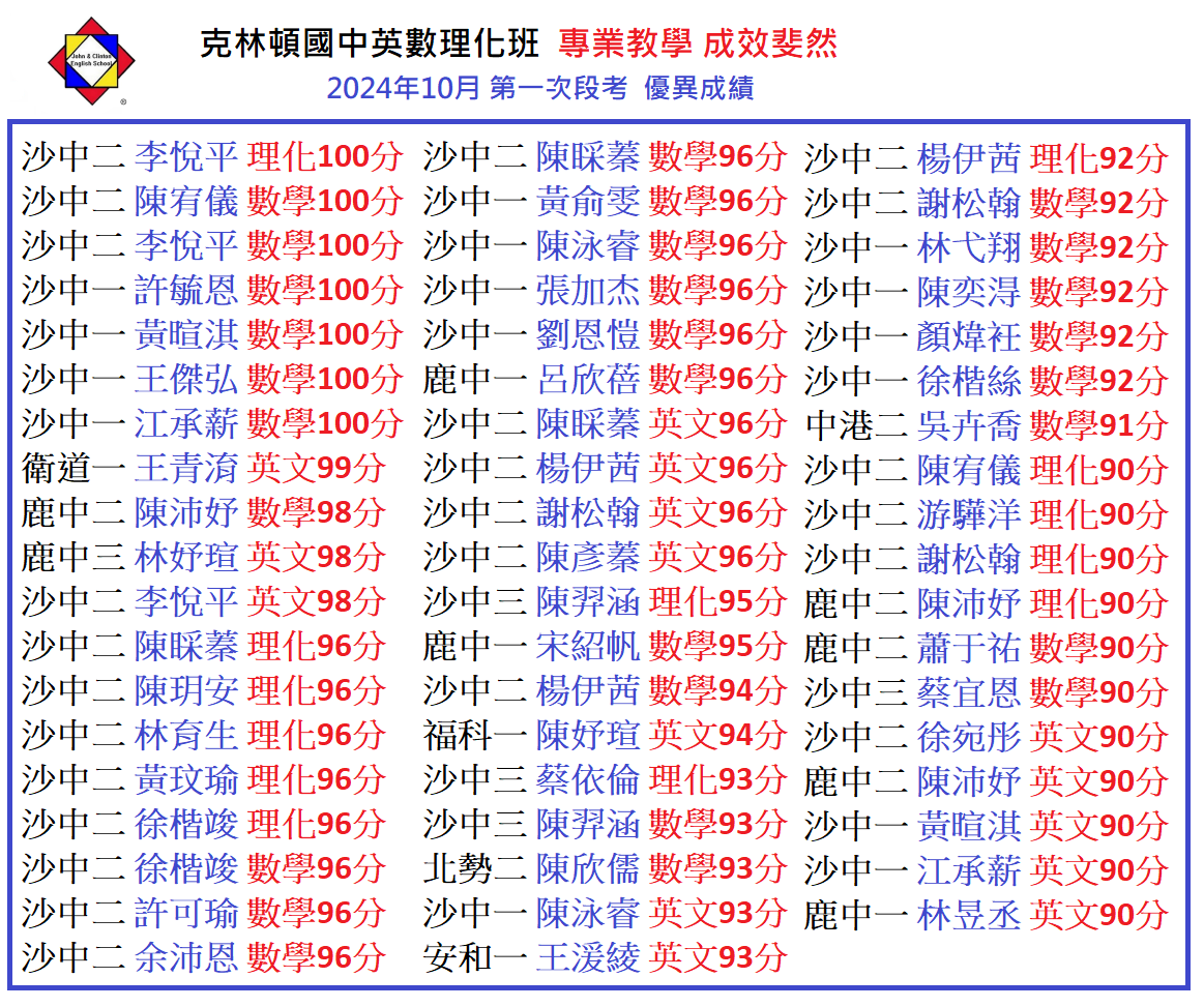 2024.10 國中英數理第一次段考90分以上